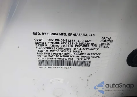2019 Honda Pilot Elite from USA, damaged, VIN 5FNYF6H01KB024451